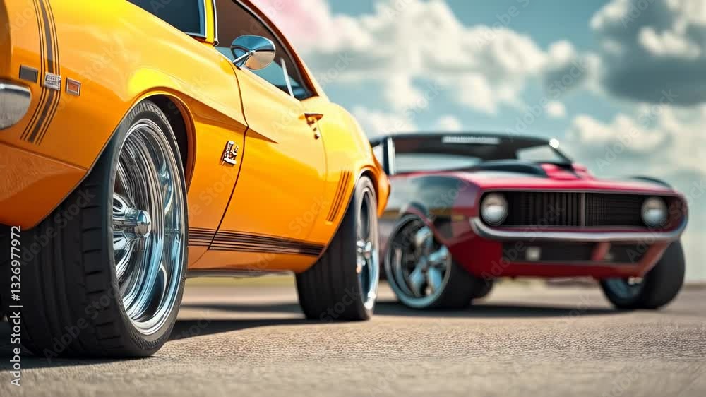 Vintage muscle cars showcased under a clear blue sky during a thrilling automotive event in a sunny outdoor location