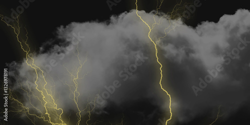Thunder, lightnings and rain on a stormy summer night in black and white. Lightning bolts in the sky at night. Lightning on the sky with stormy clouds .