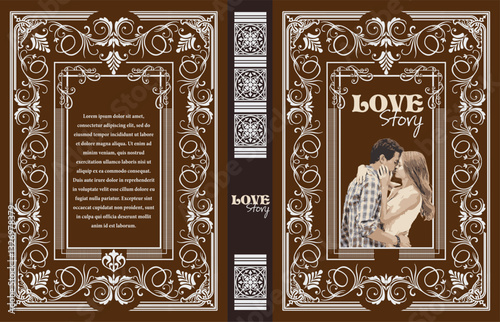 021-08-Book cover design featuring a kissing couple, ornate frame, flourishes, and sample text, creating a romantic and vintage feel. Hand drawn illustration