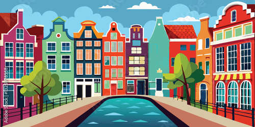 Colorful and bright Amsterdam, dutch city s houses set on white background