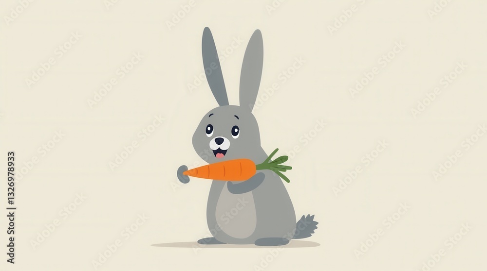 Obraz premium Happy cartoon rabbit holding carrot on plain background