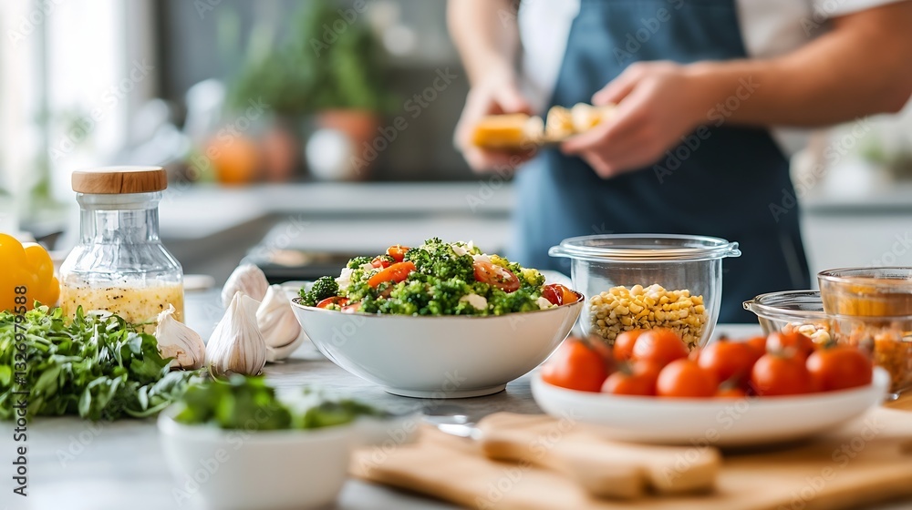 Fresh and healthy vegetable salad preparation in a modern kitchen environment : Generative AI Fresh and healthy vegetable salad preparation in a modern kitchen environment : Generative AI