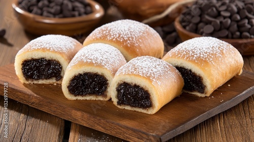 The image is a close-up of a freshly baked rugelach pastry, adorned with sugar crystals, set against a rustic background photo