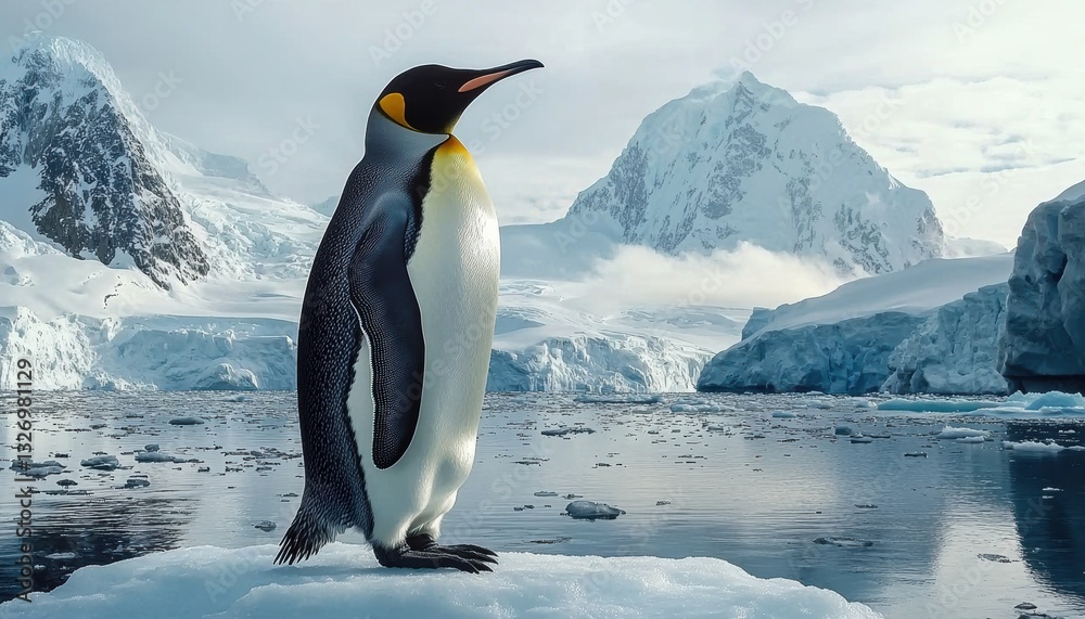 Fototapeta premium Majestic emperor penguin standing on ice floe in antarctica