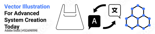 Shopping bag, multilingual translation icons, connection network graphic. Ideal for e-commerce, global communication, AI systems, technology innovation, process automation, language learning flat