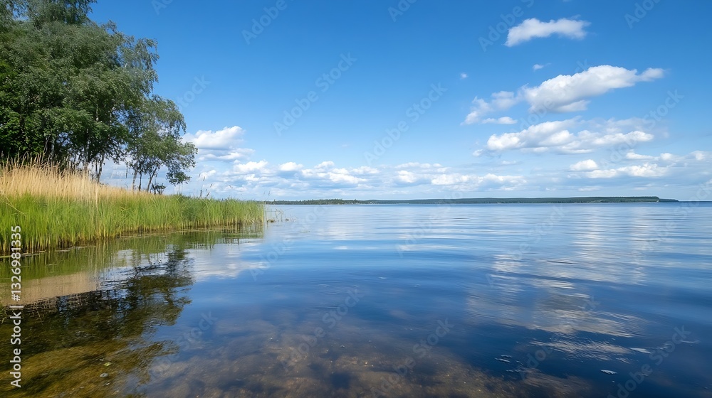 Serene lake view with lush greenery and blue sky on a sunny day reflecting peaceful nature in the landscape : Generative AI Serene lake view with lush greenery and blue sky on a sunny day reflecting peaceful nature in the landscape : Generative AI