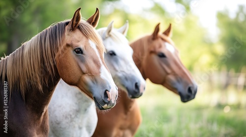 Trio of stunning horses standing gracefully in a lush green field under bright sunlight : Generative AI