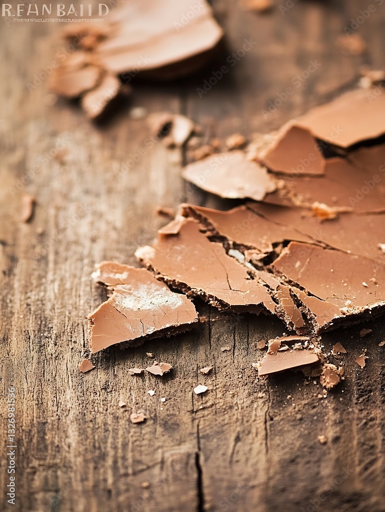 Close up of broken chocolate pieces on rustic wooden table showcasing rich texture and flavor : Generative AI Close up of broken chocolate pieces on rustic wooden table showcasing rich texture and flavor : Generative AI