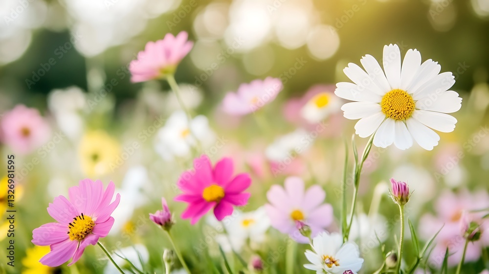 Expansive field of colorful wildflowers in full bloom under a clear blue sky on a sunny day Expansive field of colorful wildflowers in full bloom under a clear blue sky on a sunny day