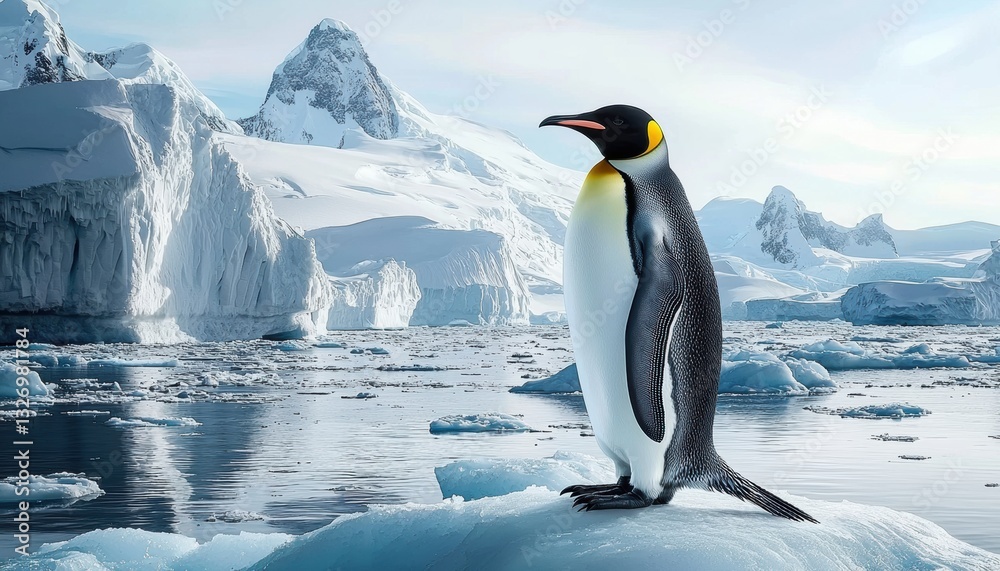 Fototapeta premium Majestic emperor penguin standing on ice floe in antarctica