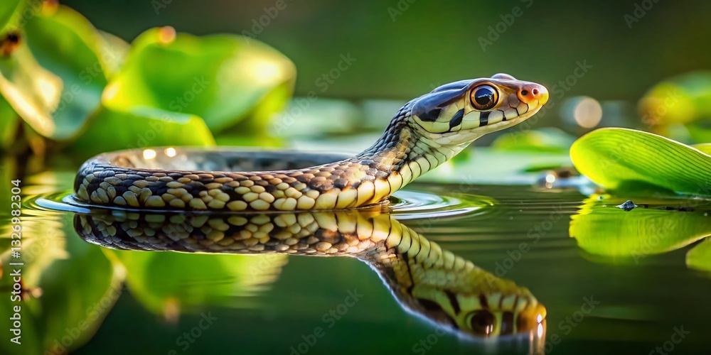 Obraz premium Grass Snake on Water Lilies: Aquatic Reptile in Natural Habitat