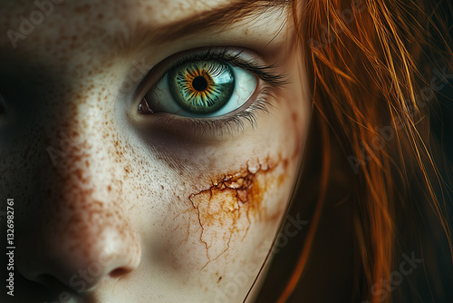 The girl's face is frontal. A girl with big green eyes and red hair. Half of the girl's face is disfigured with scars and burns photo