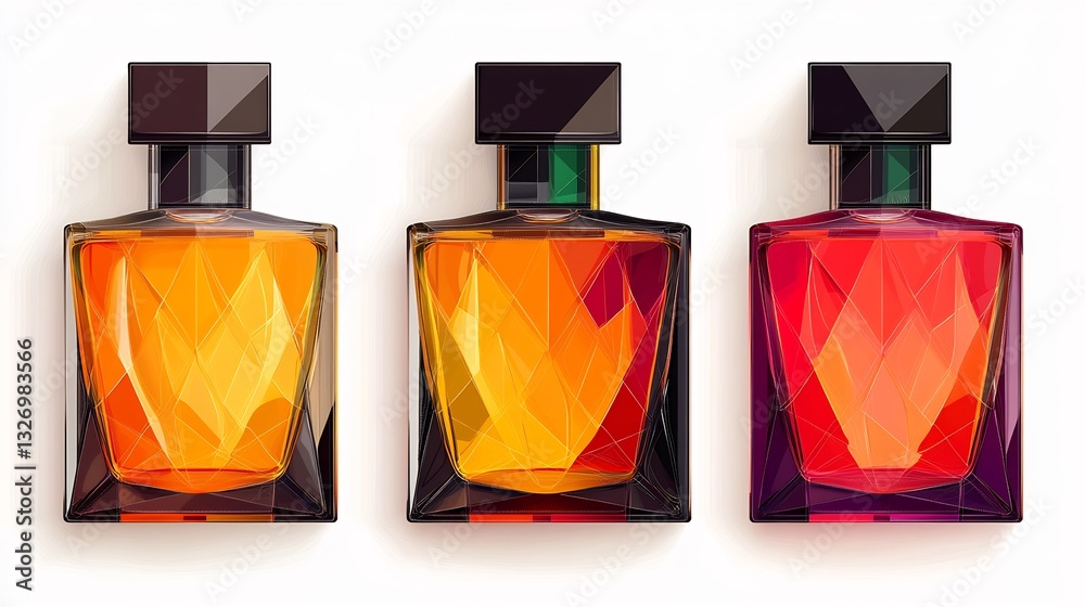 Three Fragrances: Amber for Gold, Ruby. Geometric Bottles. Three Fragrances: Amber for Gold, Ruby. Geometric Bottles.
