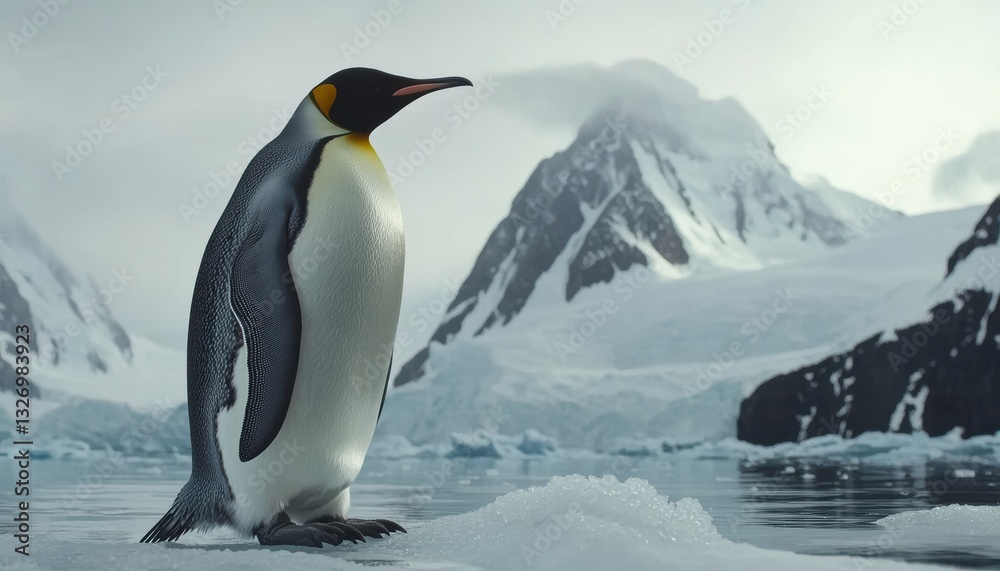 Fototapeta premium Majestic emperor penguin standing on ice floe in antarctica