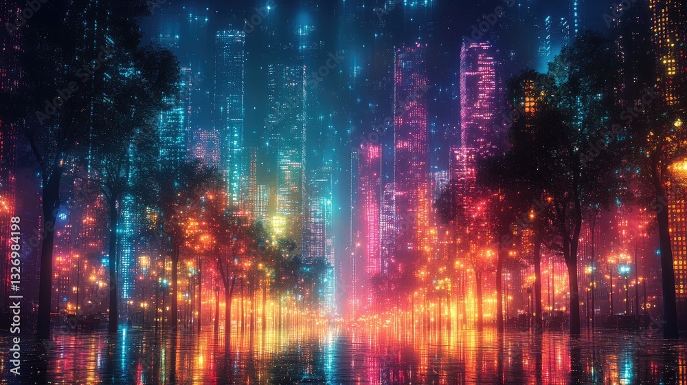 Obraz premium Neon city street at night, futuristic cityscape, trees, rain, vibrant lights, background