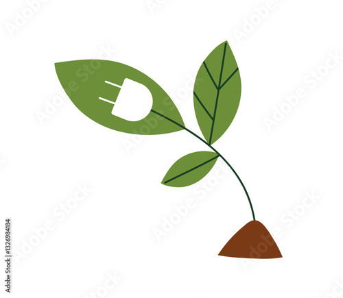 Green renewable energy concept. Leaf plant with electric plug. Natural eco-friendly electricity, sustainable power. Clean technology development. Flat vector illustration isolated on white background