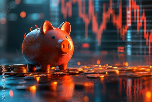 A piggy bank and scattered coins are placed on a table, with a stock market chart moving on it