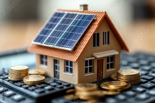 A tiny house with solar panels, surrounded by coins and calculators.