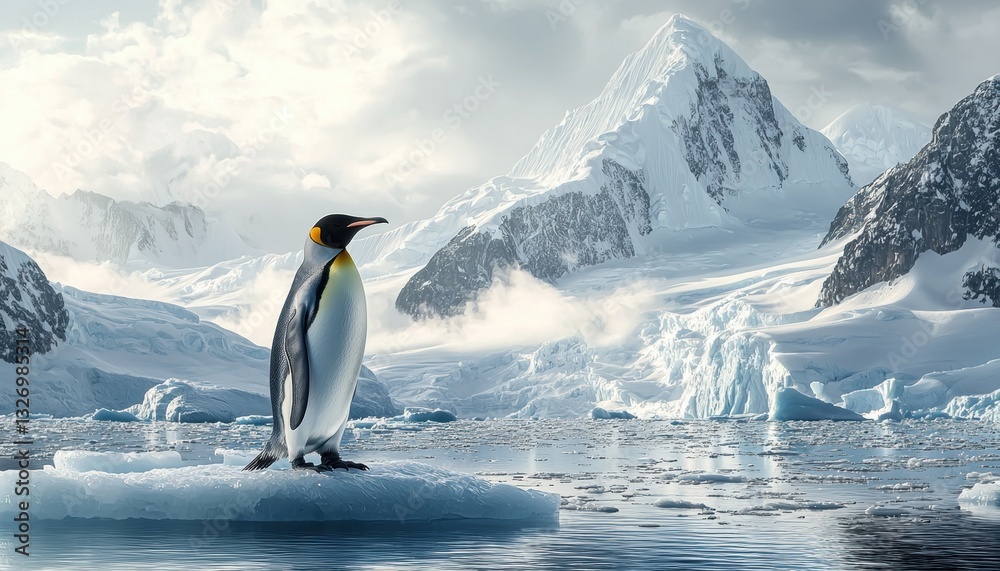 Obraz premium Emperor penguin standing on ice floe in antarctica with snowy mountains