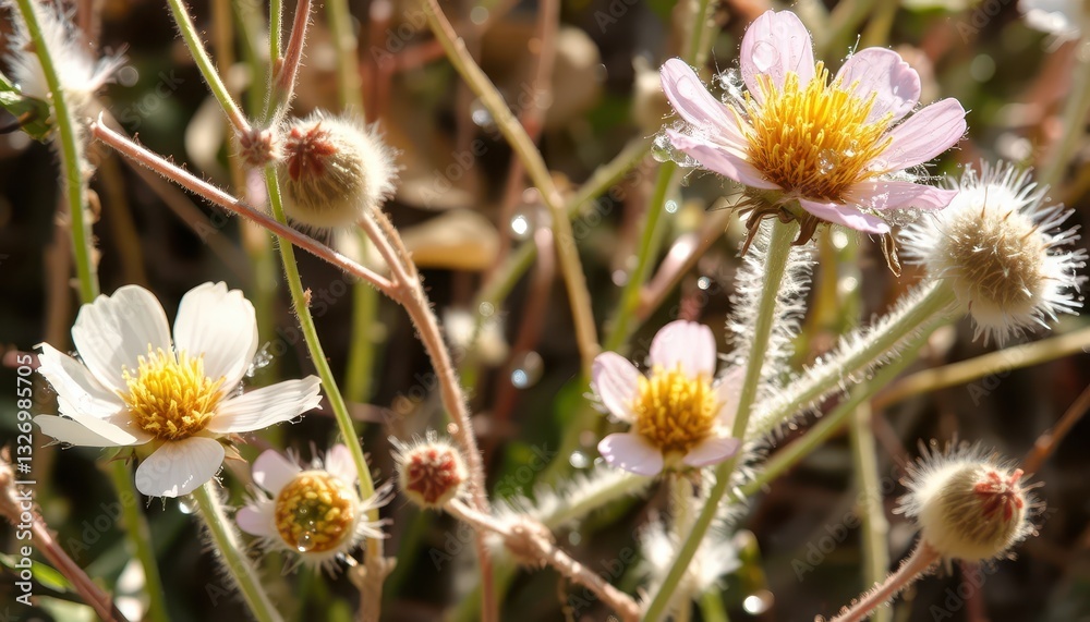 Obraz premium Delicate Wildflowers with Soft Petals and Vibrant Yellow Centers Glimmering in the Morning Sunlight on a Clear Summer Day in Nature's Garden