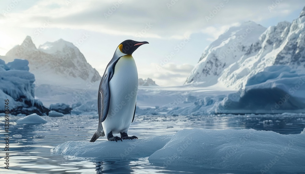 Fototapeta premium Majestic emperor penguin standing on ice floe in antarctica