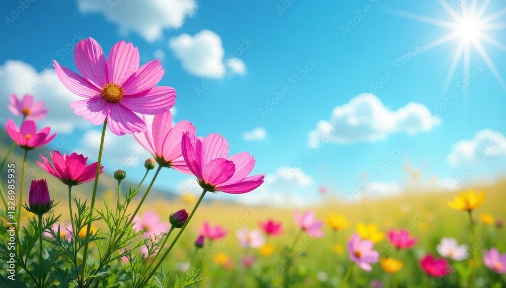 Vibrant cosmos flowers bloom in a sun-drenched meadow under a vast blue sky , spring, countryside Vibrant cosmos flowers bloom in a sun-drenched meadow under a vast blue sky , spring, countryside