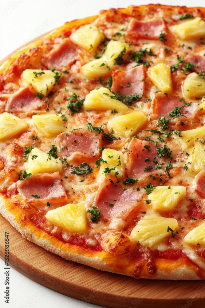 Mouthwatering Hawaiian Pizza with Juicy Pineapple and Savory Ham on a Wooden Board Overhead Shot Delicious Italian Cuisine Mouthwatering Hawaiian Pizza with Juicy Pineapple and Savory Ham on a Wooden Board Overhead Shot Delicious Italian Cuisine