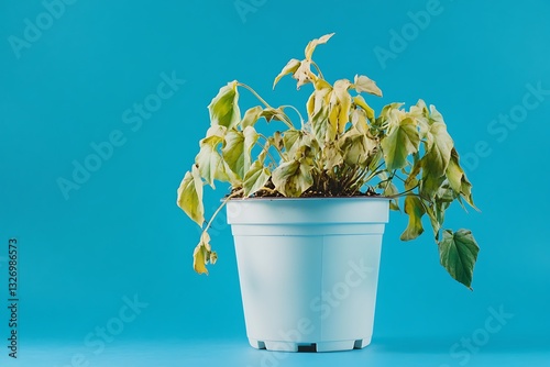 unkept house green wilting in white holder on blue base dry leaves flop from poor tending indoor growth notes life death shift plant in ruin phase loss of  
