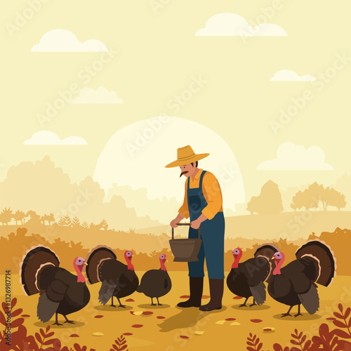 Farmer Feeding Turkeys in Autumn Field with Warm Sunlight Background