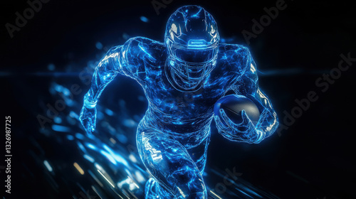 Football player running fast with the ball. Blue light particles forming the figure. Dark background with blurred speed lines. Digital art representation