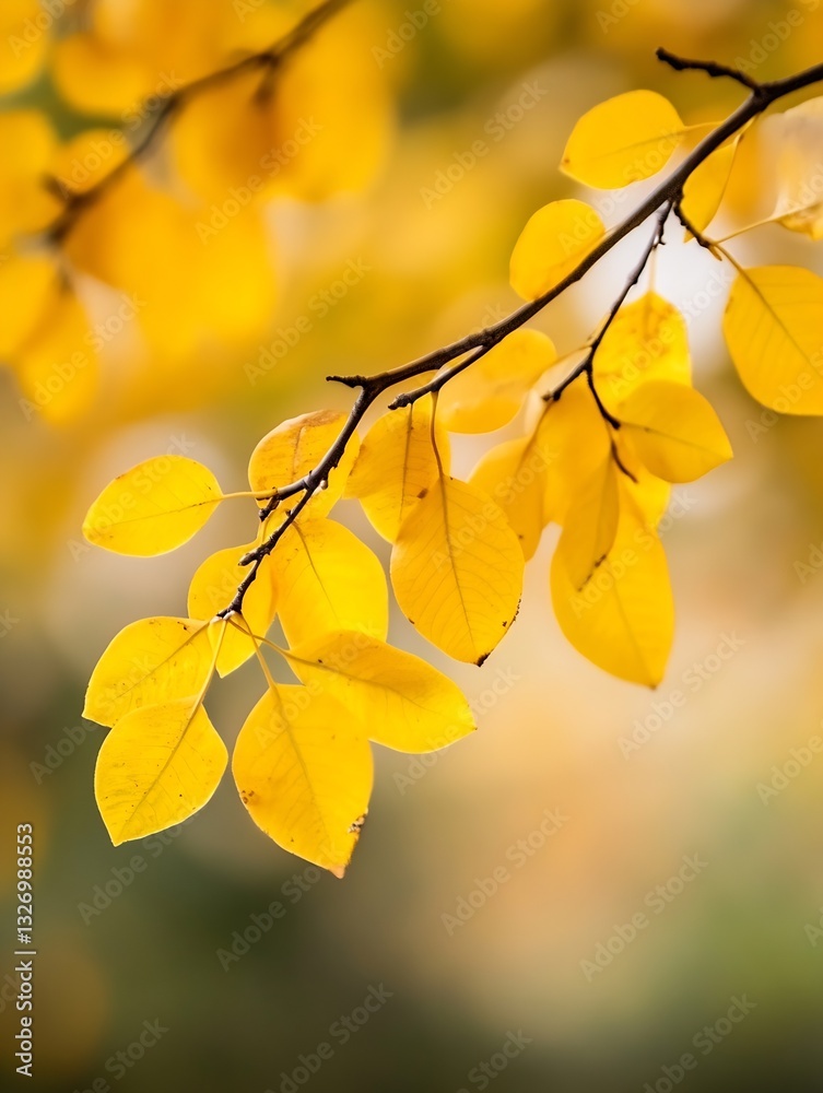 Obraz premium Vibrant close up of yellow autumn leaves hanging from a branch in soft natural light : Generative AI