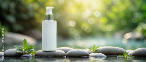 Skincare product in the white bottle on thestones, nature background, spa. professional photo shoot