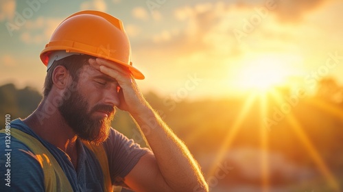 Construction worker reflecting on challenges at sunset outdoor site portrait nature close-up resilience