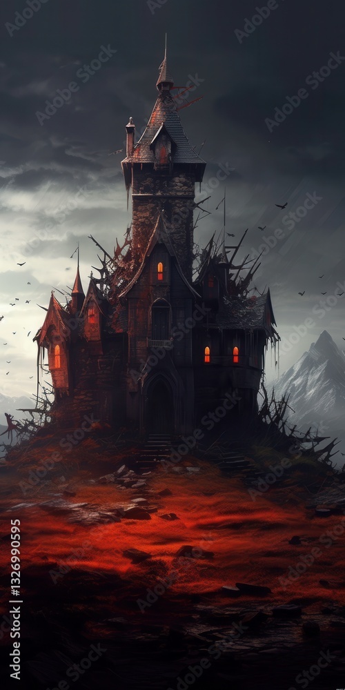 Naklejka premium A mysterious gothic castle shrouded in darkness, surrounded by eerie landscapes and menacing clouds.