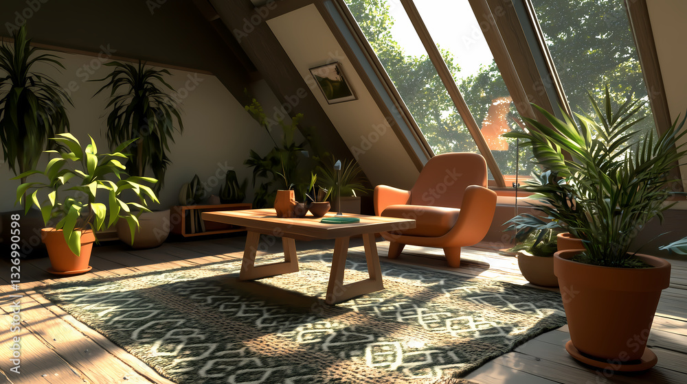 Bright Japandi living room with industrial steel beams, a cozy terracotta armchair, and a rustic wooden coffee table, surrounded by potted plants in ceramic planters Bright Japandi living room with industrial steel beams, a cozy terracotta armchair, and a rustic wooden coffee table, surrounded by potted plants in ceramic planters