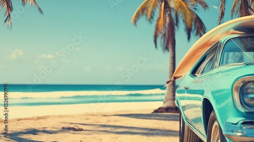 Blue vintage car parked on a beach with surfboard against a backdrop of ocean and palm trees during sunny day