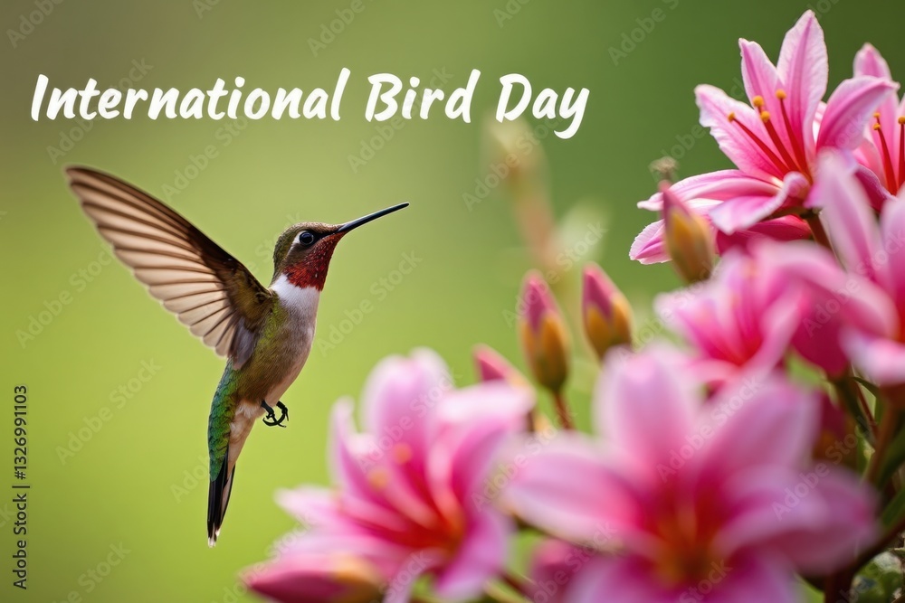 Fototapeta premium A close-up of a hummingbird hovering near vibrant flowers, capturing the essence of spring. The text