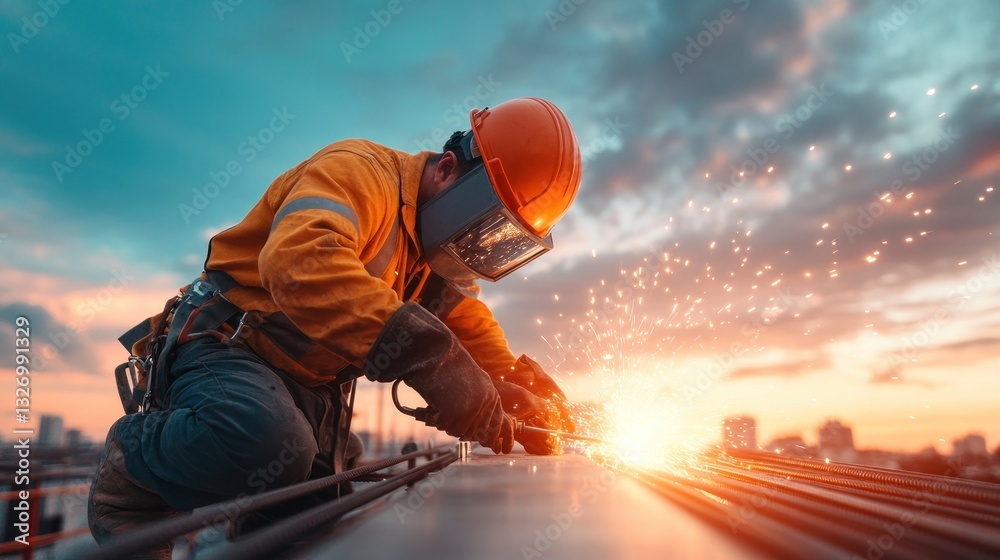 Fototapeta premium Construction worker welding at sunset urban skyline industrial cityscape low angle labor and safety
