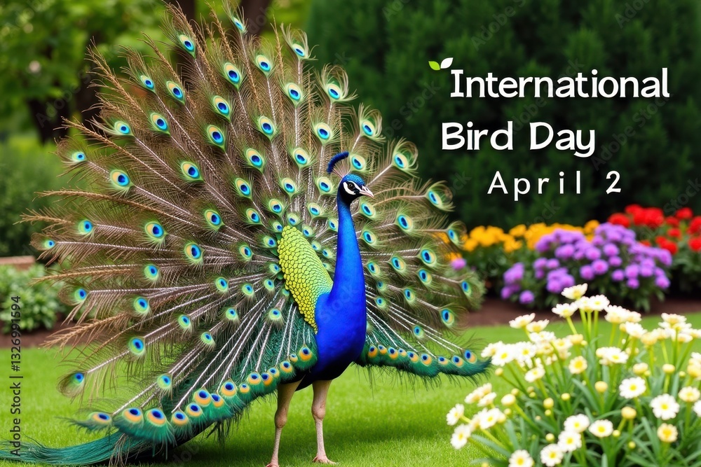 Obraz premium A majestic peacock displaying its colorful feathers in a lush garden, surrounded by vibrant flowers and greenery. The words 