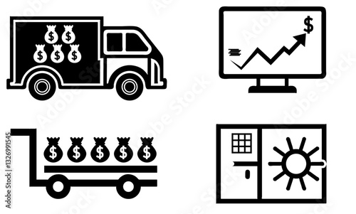 Money Transport, Investment, and Banking Icons - Black and White Vector, Black and white vector icons representing financial growth, banking, money security, and investment concepts