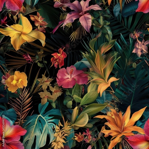 Seamless tropical pattern with exotic palm leaves, hibiscus flowers and various plants on dark background.
