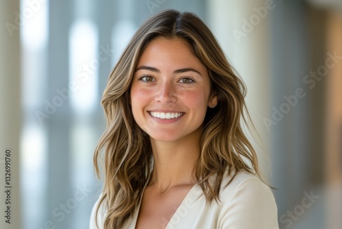 Radiant smile of a young woman with captivating eyes in a modern setting casting a warm glow with natural light and a soft focus background