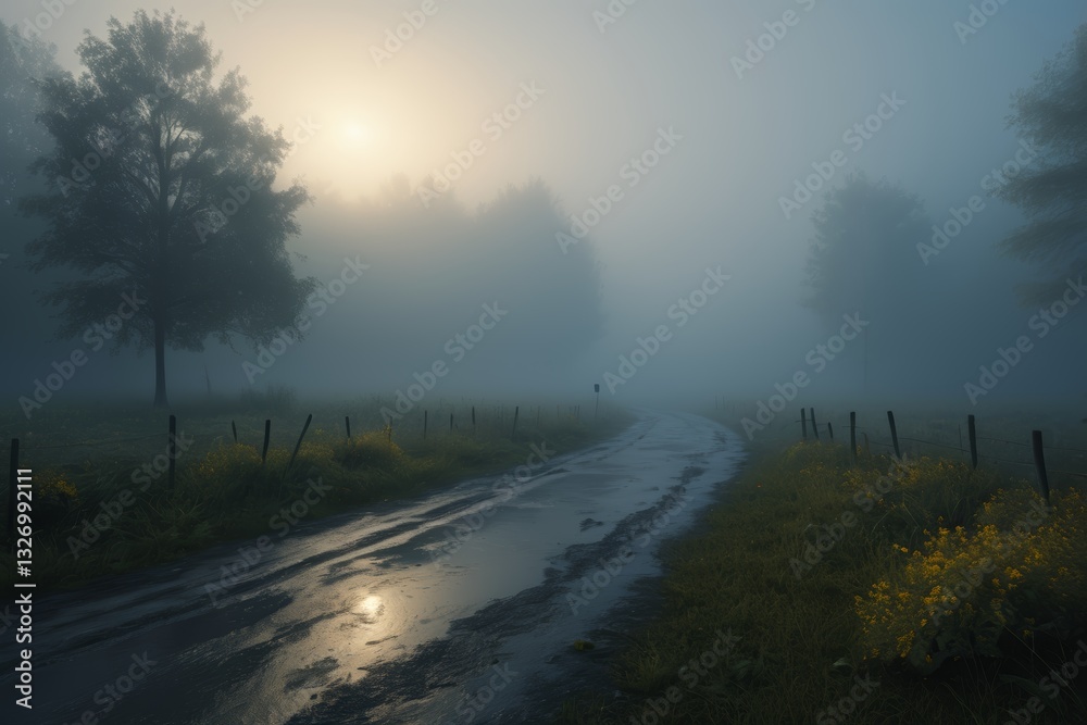 Obraz premium arafed road in the fog with trees and a fence