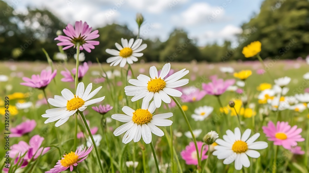 Expansive field of colorful flowers blooming under the warm sunlight on a beautiful day Expansive field of colorful flowers blooming under the warm sunlight on a beautiful day