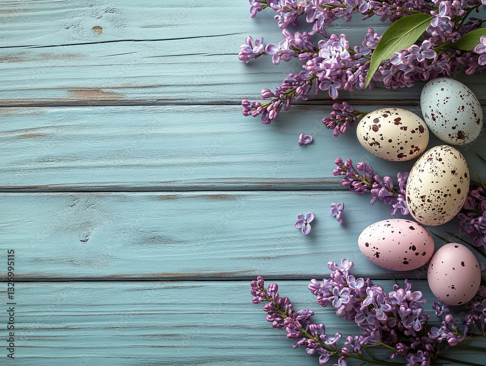 Obraz premium Spring celebration with eggs and purple lilacs on blue wood