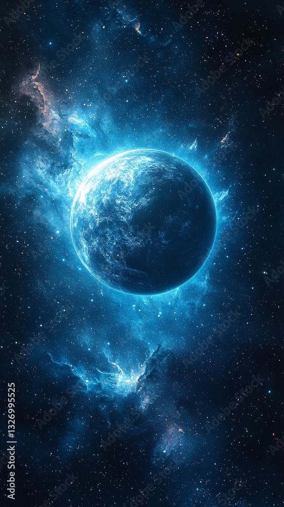 Cosmic Scene with Glowing Planet and Stellar Clouds Cosmic Scene with Glowing Planet and Stellar Clouds