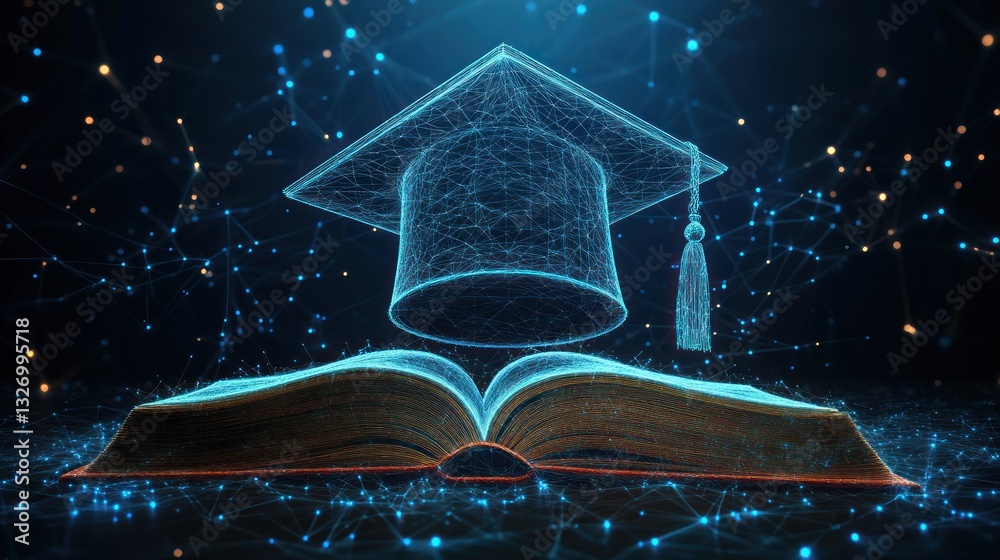 Naklejka premium Digital Graduation Cap Over Open Book