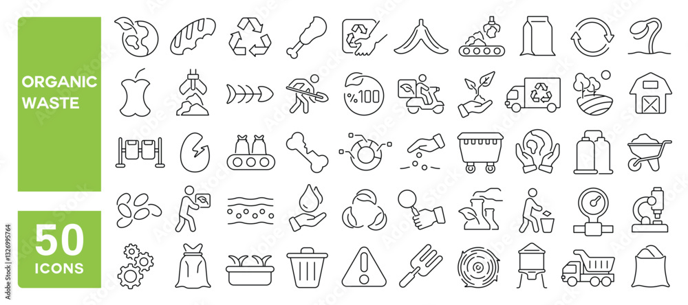Set of 50 line icons related to organic waste, recycle, food scrap, farming, sorting, ecology, rotten, waste management, zero waste, fertilizer, Editable stroke. Vector illustration