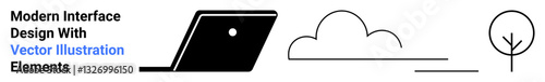 Laptop silhouette, abstract cloud, and simplistic tree design in minimal black-line style. Ideal for web design, technology, nature, eco-themes, innovation, digital environment abstract line flat