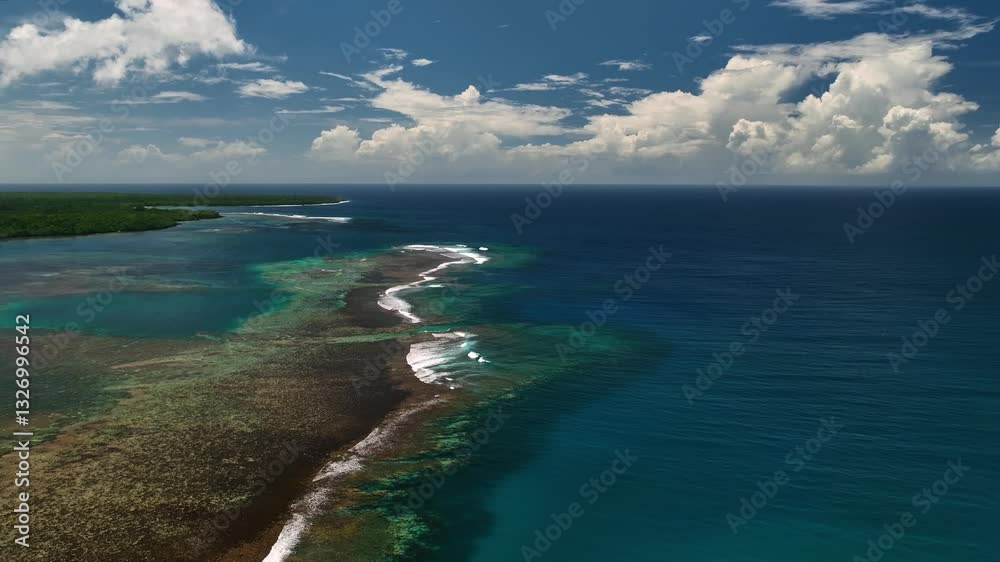Aerial view of tropical reef with crashing waves and clouds, Apia, Tuamasaga, Samoa. Aerial view of tropical reef with crashing waves and clouds, Apia, Tuamasaga, Samoa.